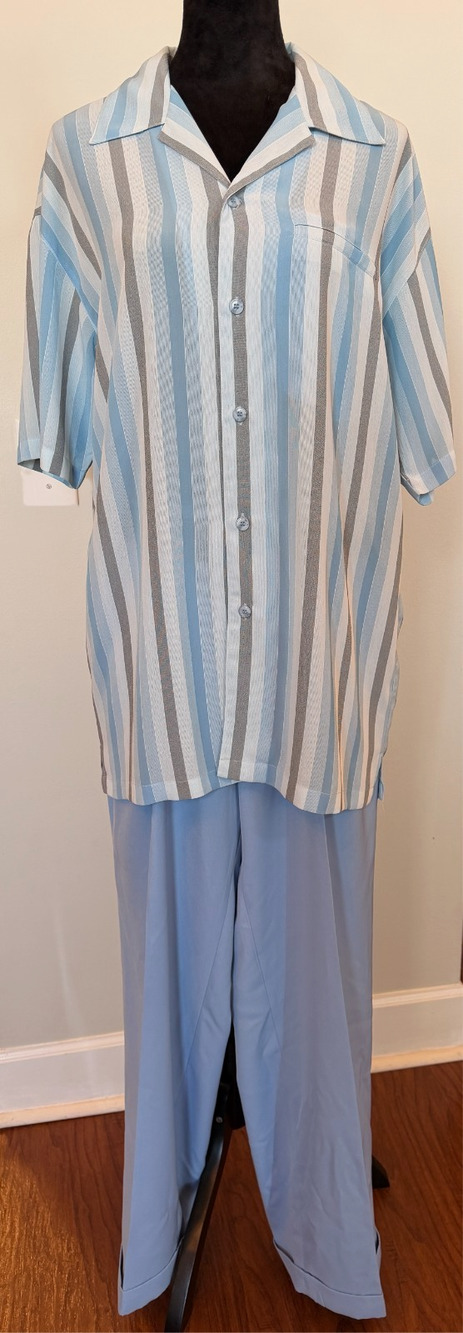 Montique 2 Pc Walking Suit Short Sleeve Set White Blue Gray Shirt M, 33 Pants